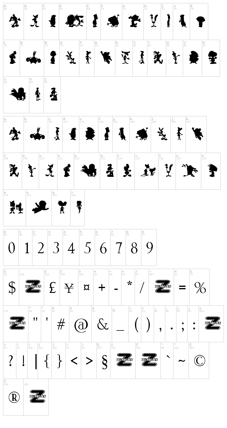 Cartoon Silhouettes font map
